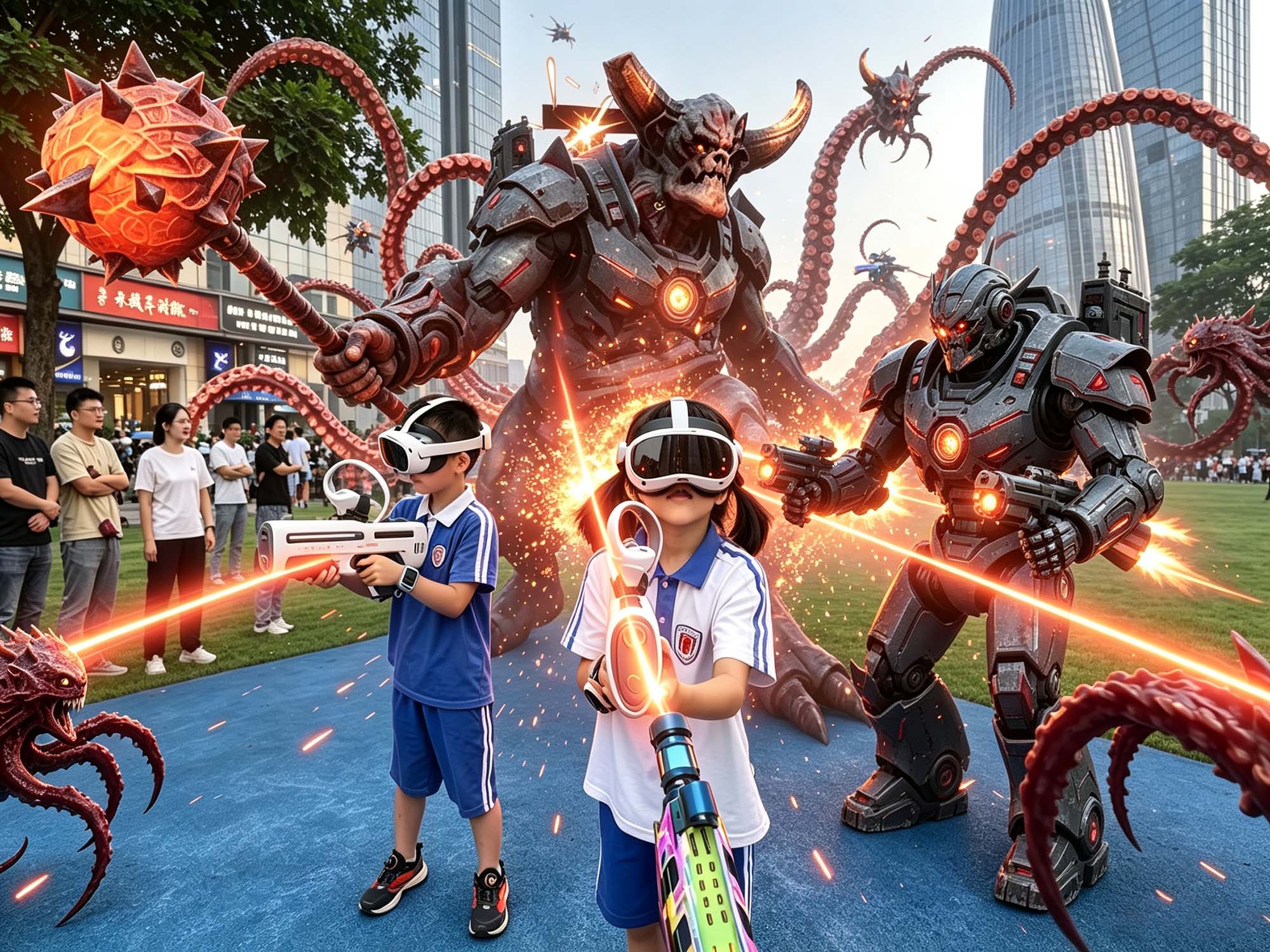 Anak-anak bermain MR Dimension Shooter — tampilan dunia game dengan robot dan monster raksasa